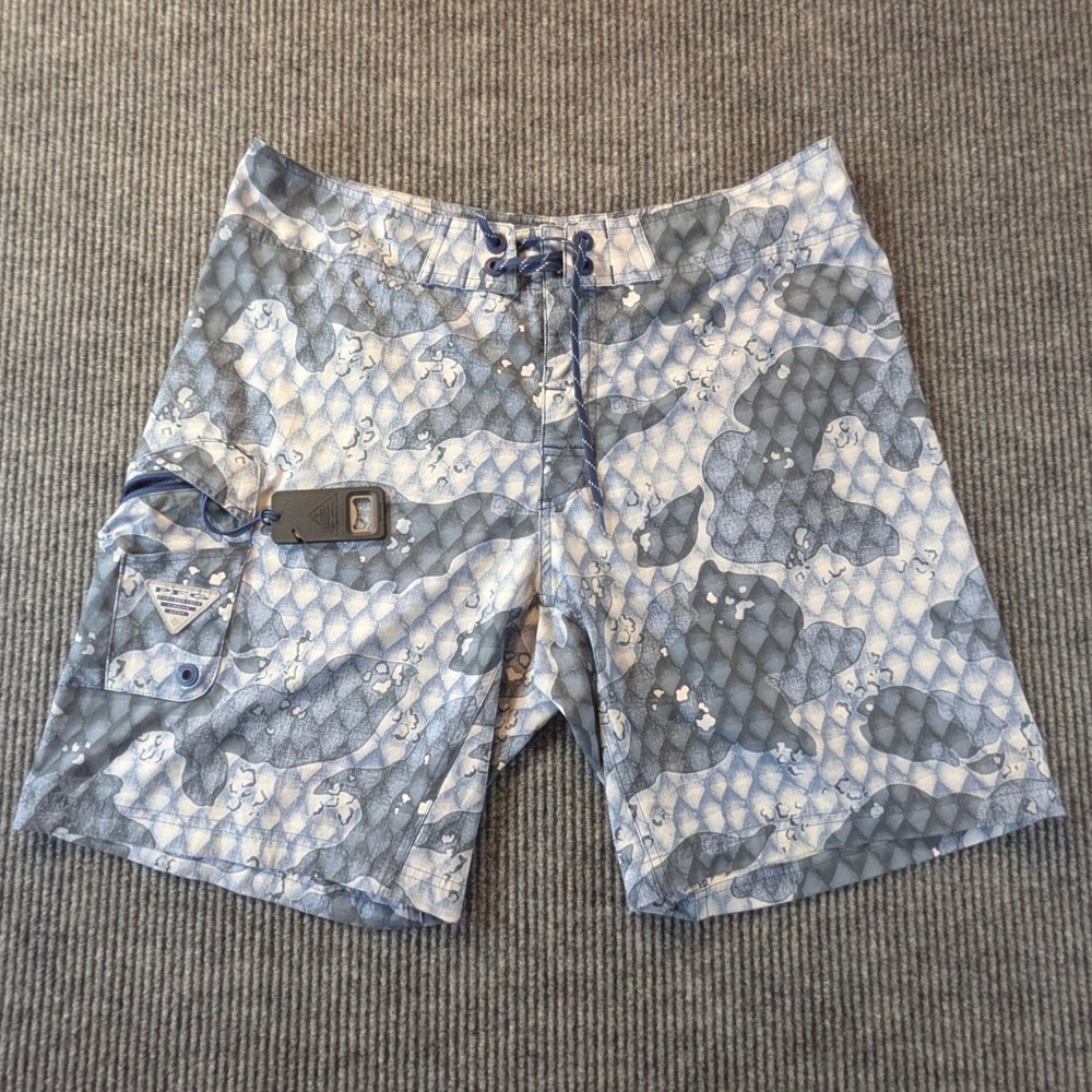 Columbia PFG Mens Blue Fish Scale Camo Board Shorts Size 36 Bottle Opener